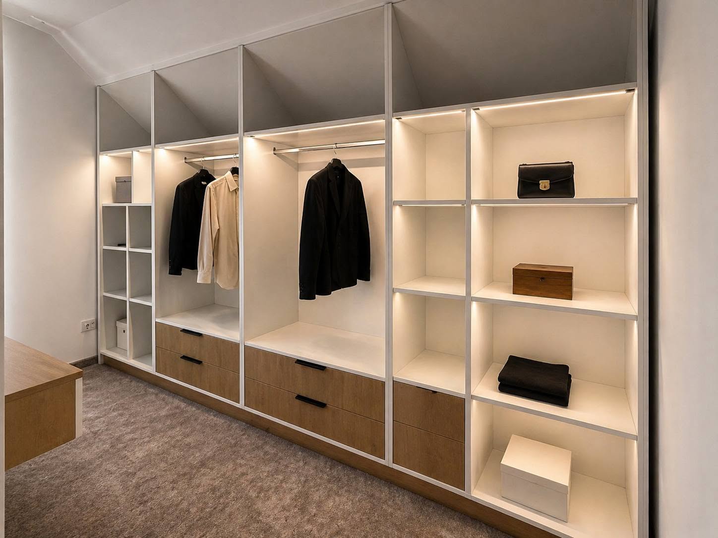 Dressing deschis cu polițe și iluminare integrată